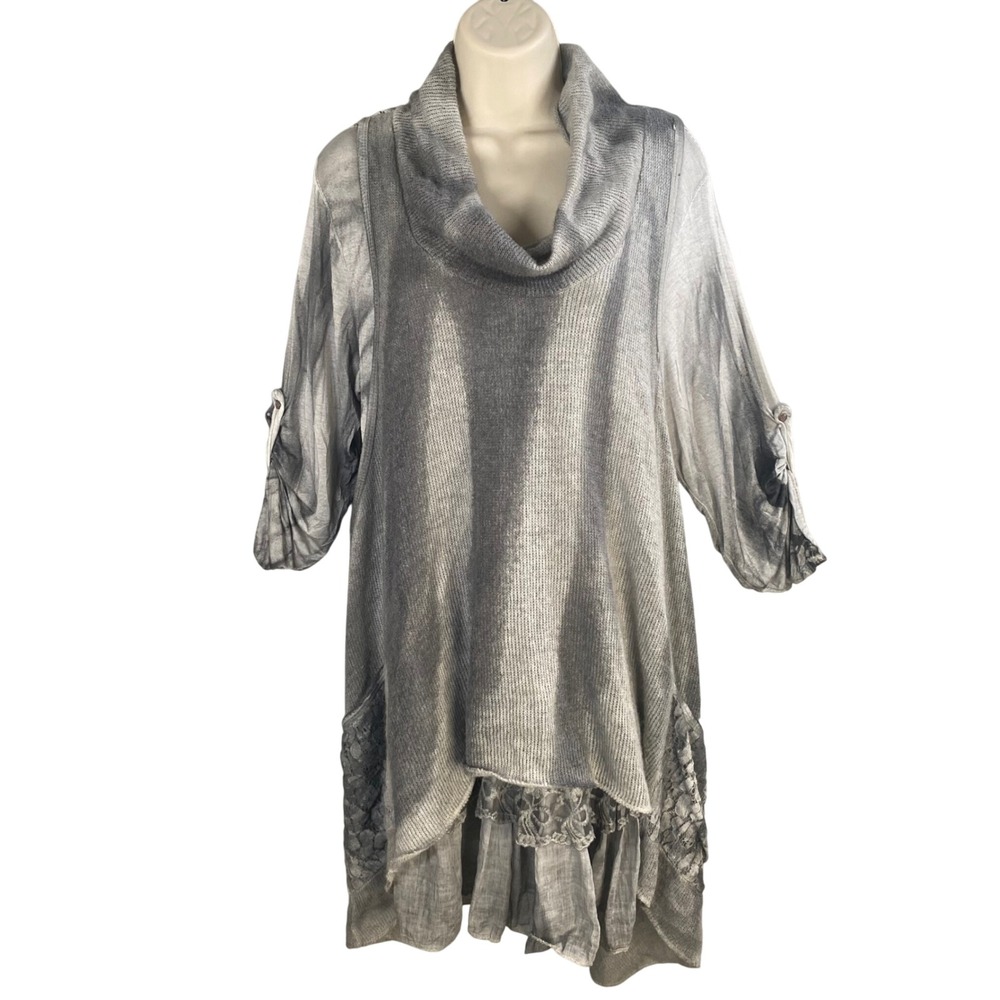 Scandal Cowl Neck Lace Trim Tunic Dress Medium Tiered Hem Boho Lagenlook Artsy‎